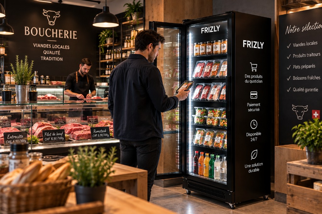 Client qui choisit et paie devant le Smart Fridge ouvert