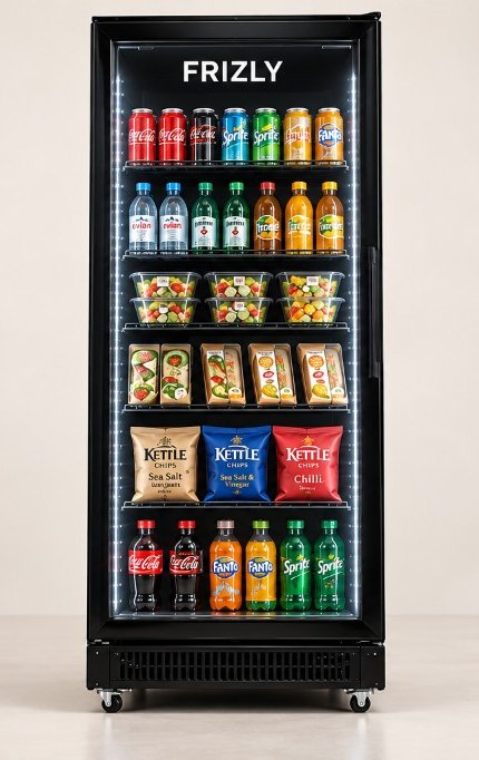 Smart Fridge S, frigo vitré Frizly garni de boissons et de repas