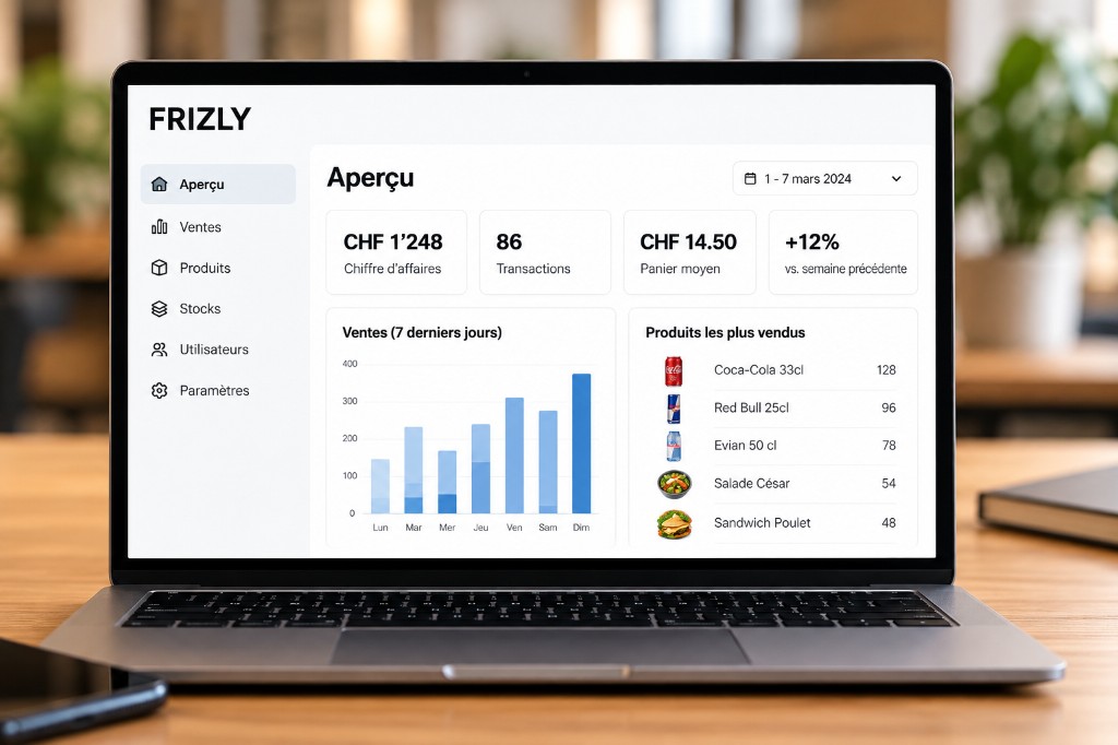 Aperçu de l’espace Frizly : ventes, transactions et stocks